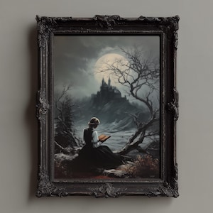 Stampa artistica da parete con castello gotico, dipinto a olio del castello di Dracula, donna vittoriana che legge, decorazioni Dark Academia, download digitale fantasy gotico