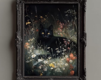 Dark Academia Black Cat Botanical Print • Gothic Witchy Art • Instant Download
