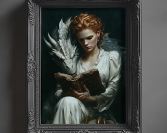 Gothic Dragon & Woman Art Print: Moody Fantasy Wall Decor (Digital Download A1-A5 Sizes)