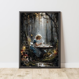 Alice in Wonderland Art Print: Whimsical Tea Party in Forest (Digital Download)