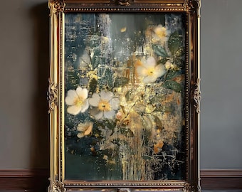 Moody Floral Art Print with Gold Accents, Dark Botanical Wall Decor Fine Art Giclée