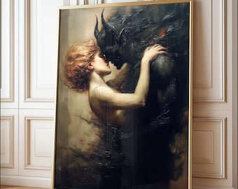 Obra de arte de Demonio y Doncella, Arte mural gótico, Póster de fantasía oscura, Decoración surrealista para amantes de la mitología.