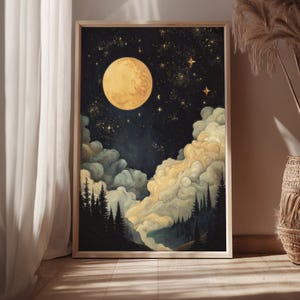 DRUCKBARE Mond und Sterne Wand Kunst, Celestial Night Sky Print, Gothic Cottagecore Dekor, Vintage Witchy Art, Dark Academia Digital Download