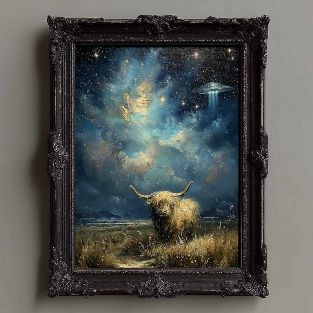 UFO Cow Abduction Art Print: Victorian Alien Landscape (digital ...
