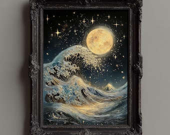 Moon Wave Art Print: Celestial Ocean, Navy Gold Seascape (Digital Download)