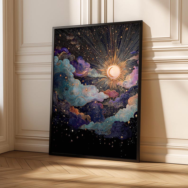 Celestial Balance – Sun and Moon Wall Art Print | Cosmic Boho Decor, Framed Print image 7