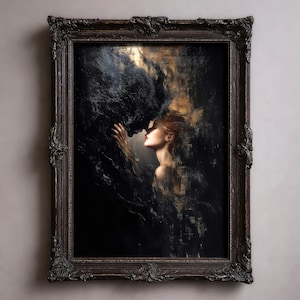 Dark Romance Couple Art Print – Gothic Surrealism Wall Decor, Moody Lovers Painting