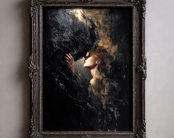 ダークロマンスカップルアートプリント – ゴシックシュールレアリズム壁装飾、ムーディーな恋人たちの絵画