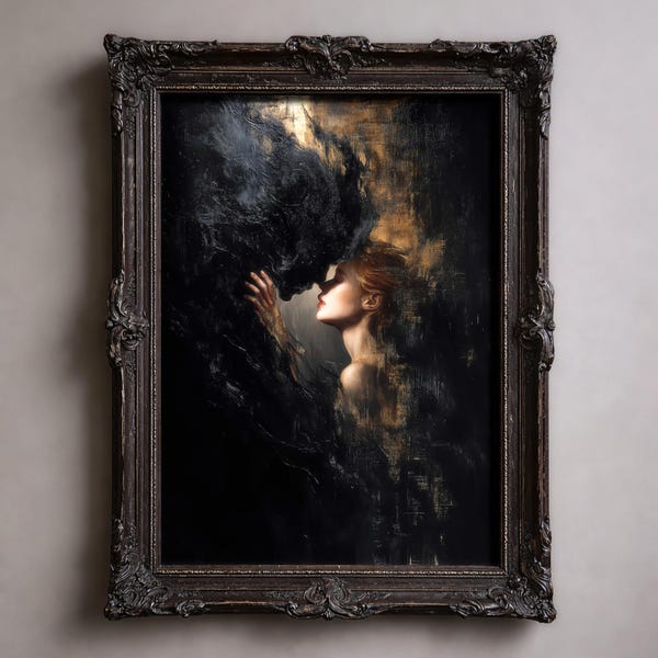 Dark Romance Couple Art Print – Gothic Surrealism Wall Decor, Moody Lovers Painting