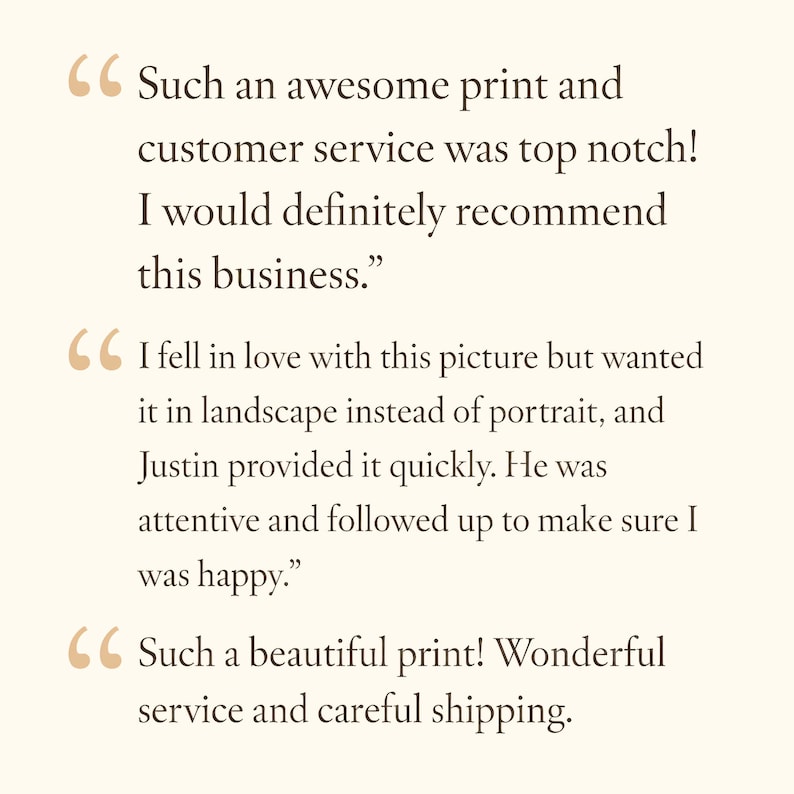 Customer review card featuring positive testimonials about print quality, fast service and careful packaging.