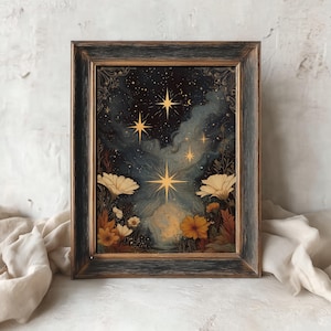 Vintage Celestial Wall Art: Starry Night Floral Print (Digital Download