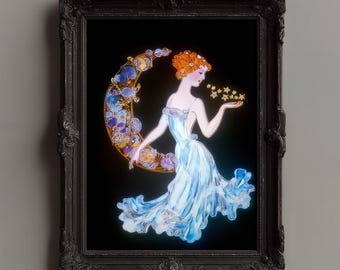 Art nouveau print maangodin: vintage hemelse muurkunst (digitale download A1-A5 JPG's)