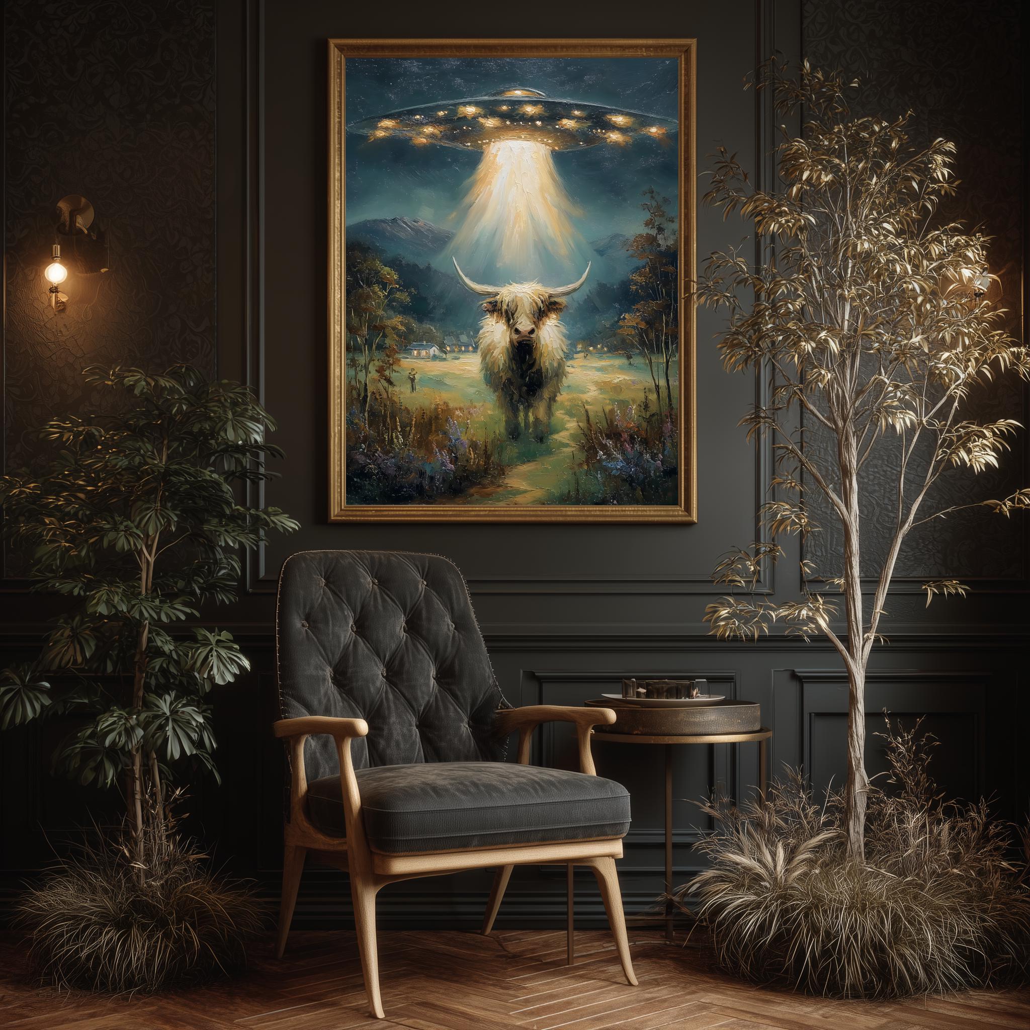 Alien Cow Abduction Art Print: Vintage UFO Farmhouse Decor (digital ...