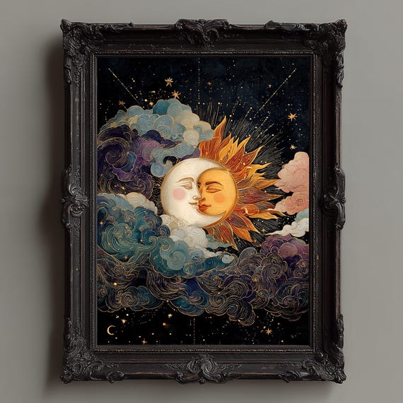Sun and Moon Celestial Print, Vintage Starry Night Sky Art, Digital Download