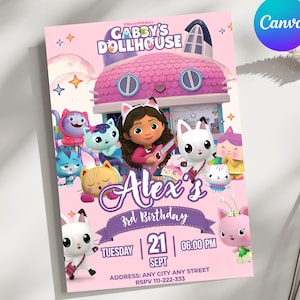 Editable Gabby’s Dollhouse Birthday Invitation Printable, Gabby Kids Party Invite, Digital Canva Template Bday Invitation Digitally Download