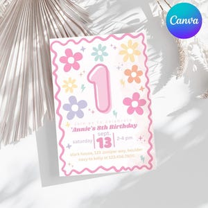 Carte d'anniversaire 1er anniversaire Marguerite pour filles pré-ado floral rétro Téléchargement instantané Daisy anniversaire Invitation entièrement modifiable imprimable