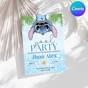 Invito modificabile per festa di compleanno in piscina a tema Stitch, invito carino per bambini, modello Canva di Lilo e Stitch, invito stampabile per festa ragazzo/ragazza
