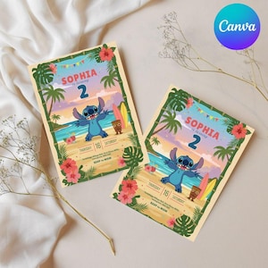 Stitch Birthday Party Invitation Template | Editable Cartoon Bday Evite & Fun Canva Design for Kids Party, Instant Printable Download
