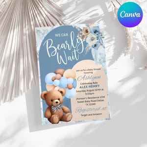 Editable Boy Baby Shower Invitation We Can Bearly Wait Balloon Boho Bear Theme Invite Digital Download Printable JPG PNG PDF
