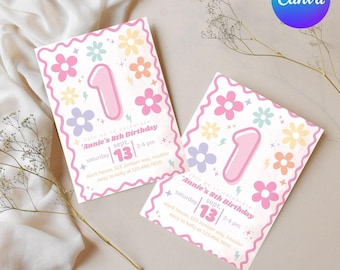 1st Birthday daisy Invitation Birthday Card for Girls Tween Floral Retro Instant Download Daisy Birthday Invitation Fully Editable Printable