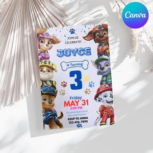 Invitación de la Patrulla Canina / Invitación de cumpleaños para niña / Plantilla de invitación de cumpleaños infantil editable e imprimible / Descarga instantánea en formato JPG