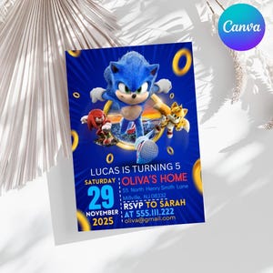 Sonic 3 Geburtstagseinladung, Super Igel Jungen Party einladen, Super Sonic Party Einladung, Bearbeitbare Sonic Invite Vorlage, Canva Vorlage