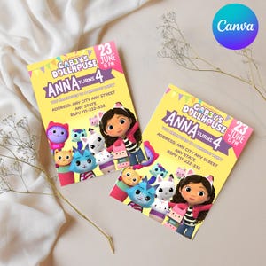 Gabby’s Dollhouse Birthday Invitation | Editable Gabby&#39;s Kids Party Invite Template | Printable Party Invite Instant Download Gabyys PDF JPG