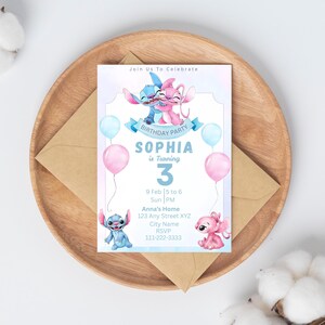 Stitch and Angel Birthday Invitation, Editable Stitch Birthday Invitation, Digital Party Invite, Stitch Birthday Party Printable Invitation