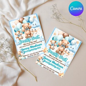 Teddy bear baby shower invitation template, we can bearly wait baby shower invite, bear with balloons baby shower, Gender neutral, download