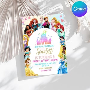 Faire-part d'anniversaire de princesse, invitation de fête de princesse modifiable, fille rose dorée, téléchargement numérique instantané, carte Disney imprimable (JPG, PNG, PDF)