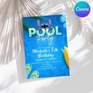 Editable Stitch Pool Party Birthday Invitation Lilo Stitch Canva Template, Cute Printable Kids Invite for Boys & Girls Party Jpg,Png,Pdf