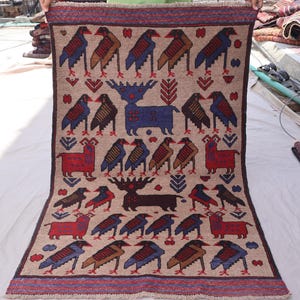 Tan Vintage Pictorial Rug 3x5 Birds Animal Afghan Handmade Rug, 90x150 cm Baluchi Area Rug, Oriental Rug, Soft Pile Wool Rug, Kids Room Rug