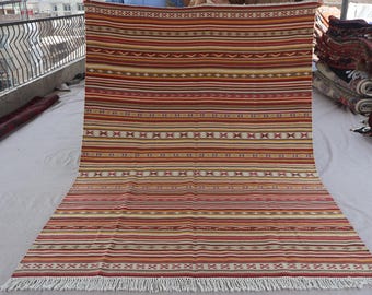 6x8 Large Red Beige Rug, Afghan Handmade Wool Rug, Flatweave Kilim Rug, Oriental Area Rug Bedroom, Living Room Rug, Traditional Vintage Rug