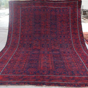7x10 Red Navy Vintage Yaqoob Khani Baluchi Rug, Turkmen Handmade Wool Rug Oriental Soft Pile Rug Turkmen Tribal Rug, Bedroom Living Room Rug