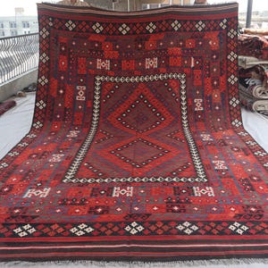 8&#39;5x13&#39;4 Antique kilim Rug, Red Afghan Handmade Wool Area Rug, Flatweave Kilim Geometric Rug, Turkmen Tribal Oriental Rug, Dining Table Rug