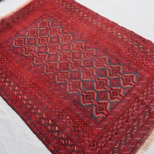 3&#39;6x5 Red Antique Rug, Geometric Afghan Baluchi Rug, Turkmen Handmade Wool Rug, Oriental Rug, Tribal Vintage Rug, Small Area Rug for Bedroom