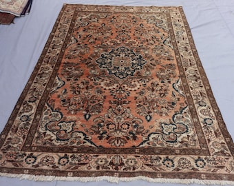 5x7 Fine Terracotta Rug 1940s Antique Rug, Afghan Caucasian Rug, Turkmen Handmade Wool Rug Medallion Oriental Rug, Rug for Dining Table
