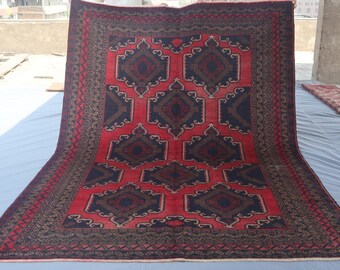 6'7x9'4" Vintage Rug, Afghan Handmade Wool Area Rug Oriental Antique Geometric Baluchi Rug, Tribal Turkmen Red Caucasian Rug Living Room Rug