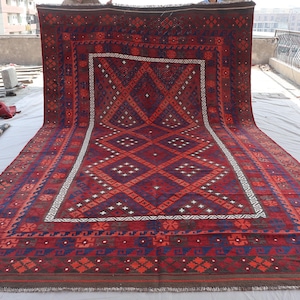 8&#39;4x14 Antique kilim Rug, Red Afghan handmade Wool Area Rug, Flatweave Kilim Geometric Rug, Turkmen tribal Oriental Rug, Living Room Carpet