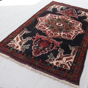 4x7 Black Vintage Rug, 3&#39;8x6&#39;4 Afghan Rug, Caucasian Style Baluchi Rug Oriental Turkmen Area Rug, Handmade Wool Rug, Rug for Bedroom Kitchen