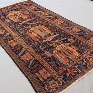 3&#39;8x6&#39;7 ft Antique Geometric Baluchi Rug Afghan Handmade Wool Area Rug, Navy Brown Tribal Rug, Oriental Rug for Living Room, Bedroom Rug 4x7