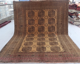 1940s Antique 6'5x8'7 ft Afghan Rug, Vintage Turkmen Tekke Ersari Rug, Afghan Handmade Wool Rug, Low Pile Rug, Terracotta Rug, Oriental Rug
