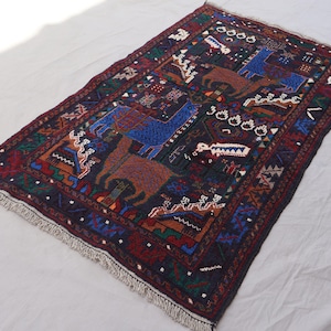 3x5 Animal Pictorial Rug, Vintage Handmade Rug, Black Navy Afghan Wool Rug Turkmen Tribal Rug, Kids Room Rug Geometric 100x150 cm Area Rug