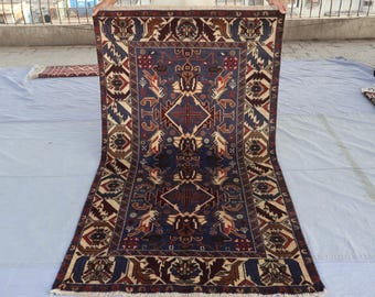 Navy Vintage Rug 4x6  ft Baluchi Rug, Afghan Geometric Rug, Top Quality Antique Rug, Handmade Wool Area rug, Turkmen Tribal Bedroom Carpet
