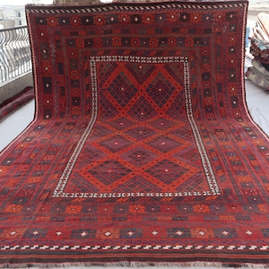 8&#39;5x13&quot; Afghan Large Vintage Kilim Rug, Handmade Wool Flatweave Geometric Area Rug, Oriental Turkmen rug, Living Room Rug, Dining Table Rug