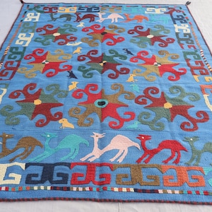 5x6&#39;4 Uzbek Suzani Afghan Kilim Rug, Turquoise Handmade Embroidery Rug, Vintage Natural veg dyes Rug, Oriental Pictroial Kilim Rug Kids Room