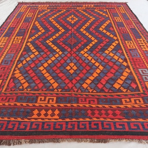 8x11 Afghan Vintage Kilim Rug, Handmade Wool Rug, Orange Red Navy Turkmen Tribal Flatweave Kilim Geometric Rug, Living Room Rug, Bedroom Rug