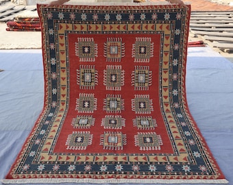 Afghan Vintage rug 4'9x6'4" Turkmen Sumak Kilim Rug, Handmade Wool Rug, Oriental Area Rug, Flatweave Kilim Rug, Geometric design Bedroom rug