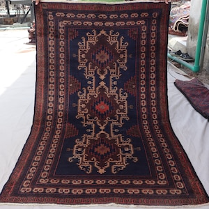 Navy Brown Antique Area Rug 4x6 Afghan Handmade Vintage rug 100% Wool Turkmen Geometric Baluchi Rug, Kitchen Rug, Oriental Rug, Tribal Rug