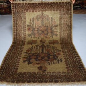 May include: A rectangular area rug featuring a tan background with two symmetrical floral vase motifs in shades of brown, rust, and dark green. The rug is framed by a wide, intricate border with geometric patterns and has a fringed edge.